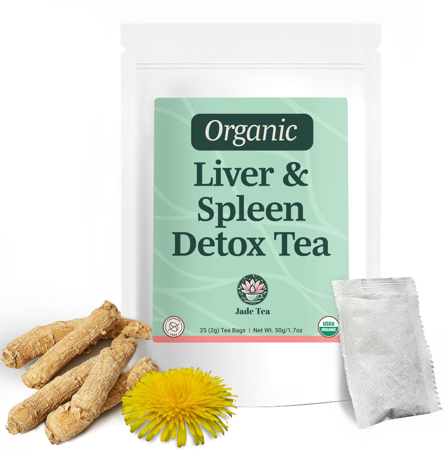 Jade Tea Organic Dandelion Root Tea For Liver Detox & Spleen Detox - Burdock Root, Ginger Root, & Orange Peel - Supports Liver, Gallbladder & Spleen Health