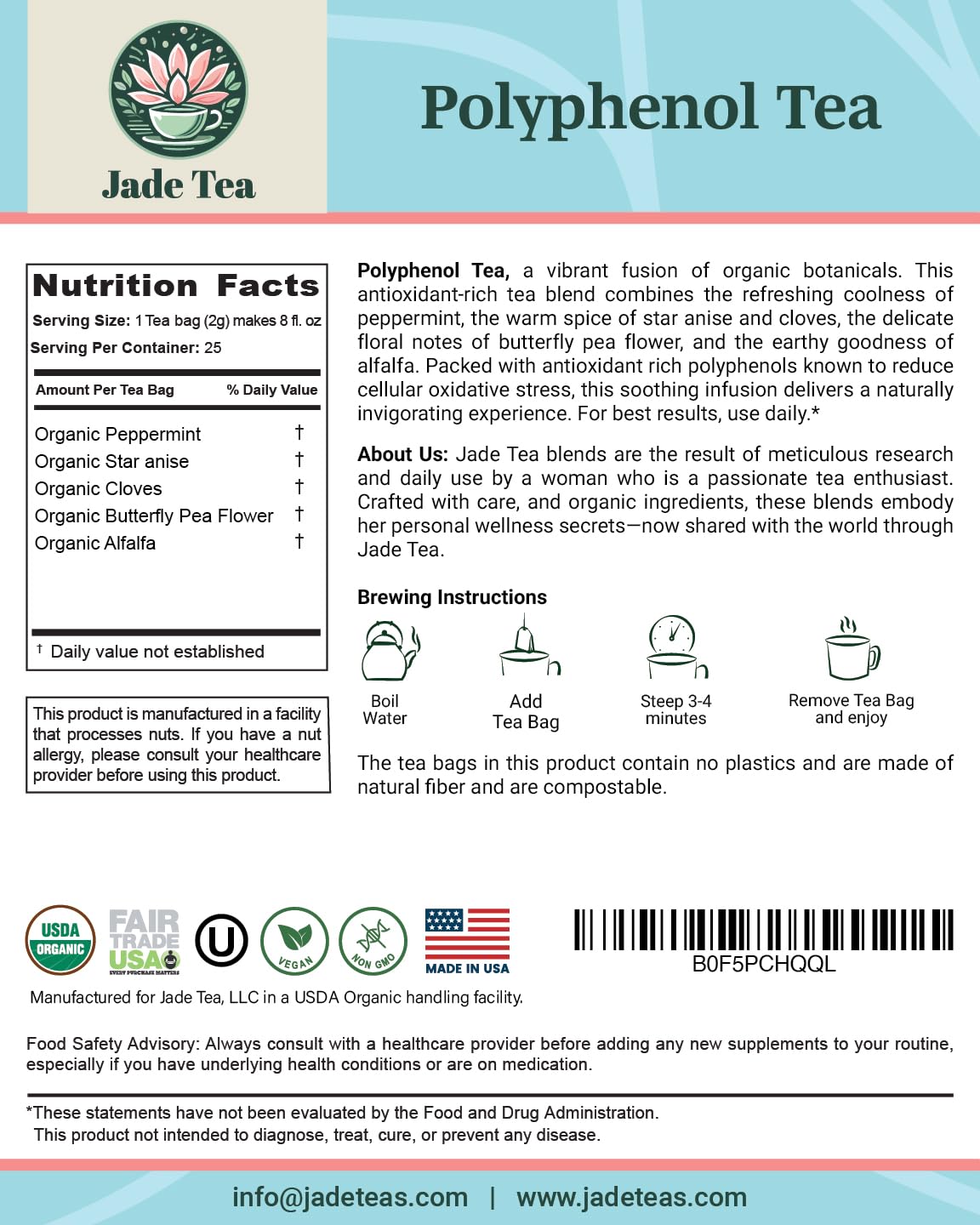 Organic Polyphenol Tea – Made in USA, Fair Trade, Sustainable Practices – 1 Pack of 25 Biodegradable Tea Bags