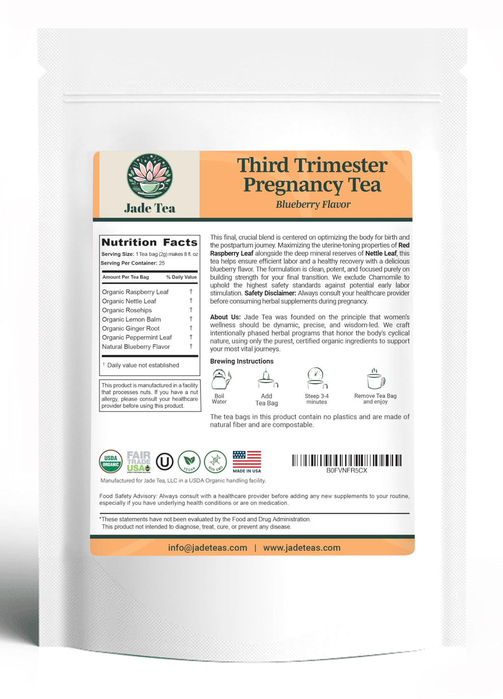 Jade Tea - Organic Pregnancy Tea - Third Trimester Tea | Toning & Birth Preparation | Maximized Uterine Health for Labor & Postpartum Recovery | Caffeine-Free, Fair Trade, Sustainable, Made In USA