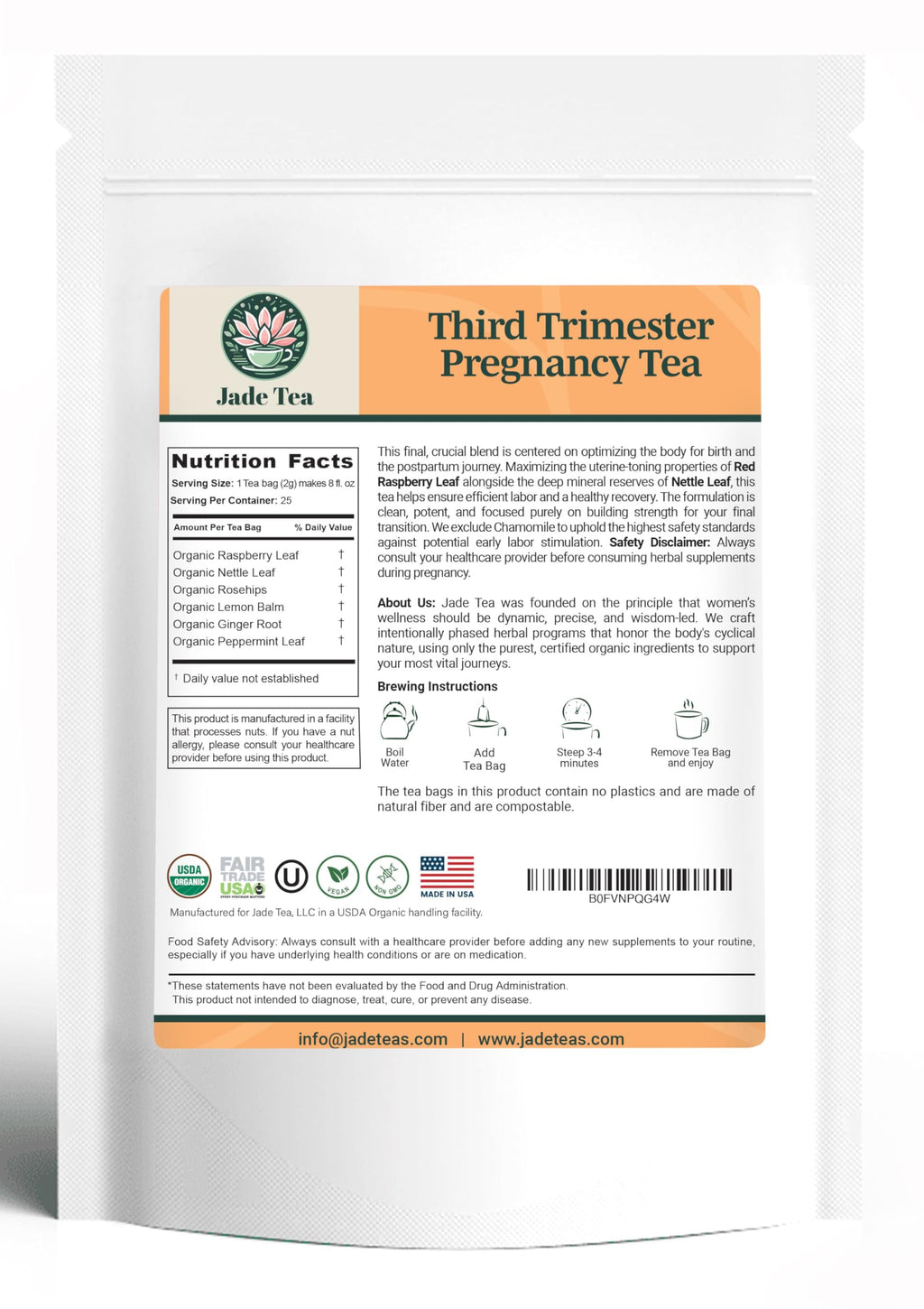 Jade Tea - Organic Third Trimester Tea | Pregnancy Tea - Toning & Birth Preparation | Maximized Uterine Health for Labor & Postpartum Recovery | Caffeine-Free, Fair Trade, Sustainable, Made In USA