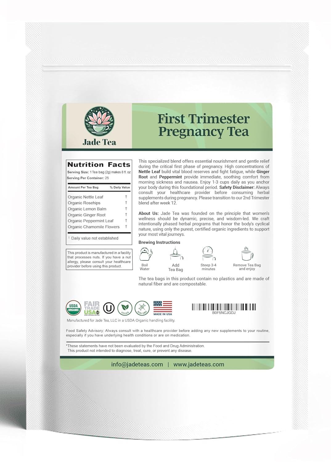 Jade Tea - Organic First Trimester Tea - Nurturing Pregnancy Tea | First Bloom | Gentle Morning Sickness Relief & Foundational Prenatal Nutrition | Caffeine-Free | Made In USA