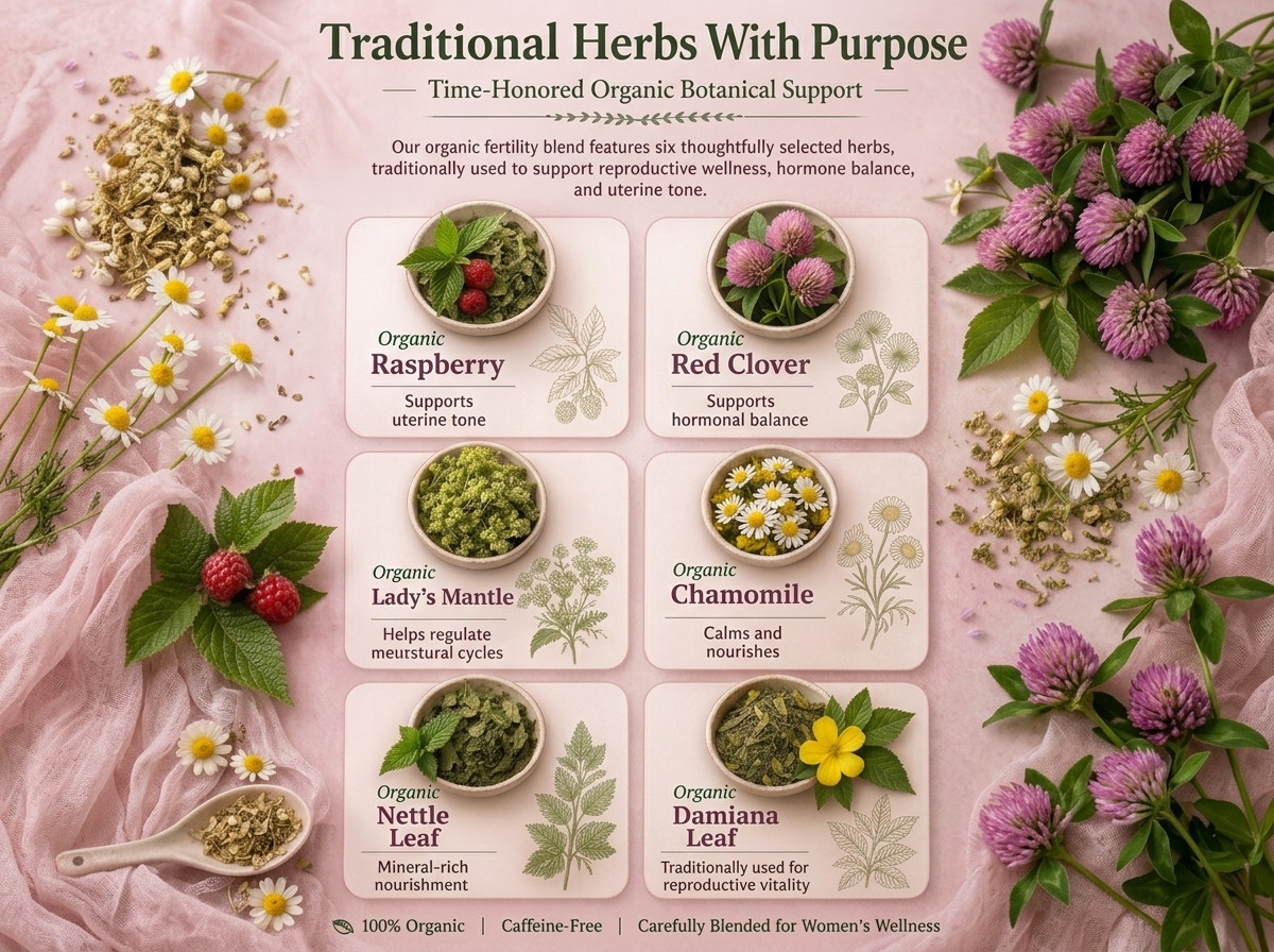 Organic Women's Fertility Tea - Red Raspberry Leaf, Lady’s Mantle, Red Clover, Chamomile, & Damiana Leaf, Hormone Balance Tea & Period Pain Relief, Made in USA, Fair Trade, & Sustainable