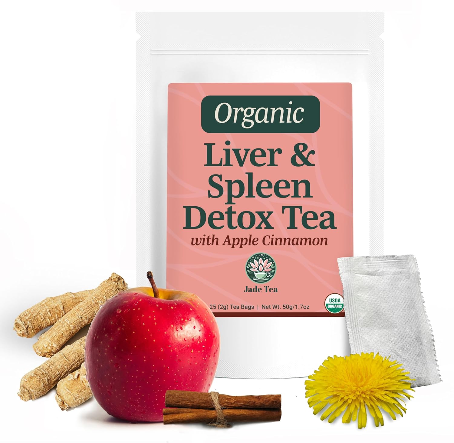 Jade Tea Organic Dandelion Root Tea For Liver Detox & Spleen Detox - Burdock Root, Ginger Root, & Orange Peel - Supports Liver, Gallbladder & Spleen Health - Apple Cinnamon Flavor