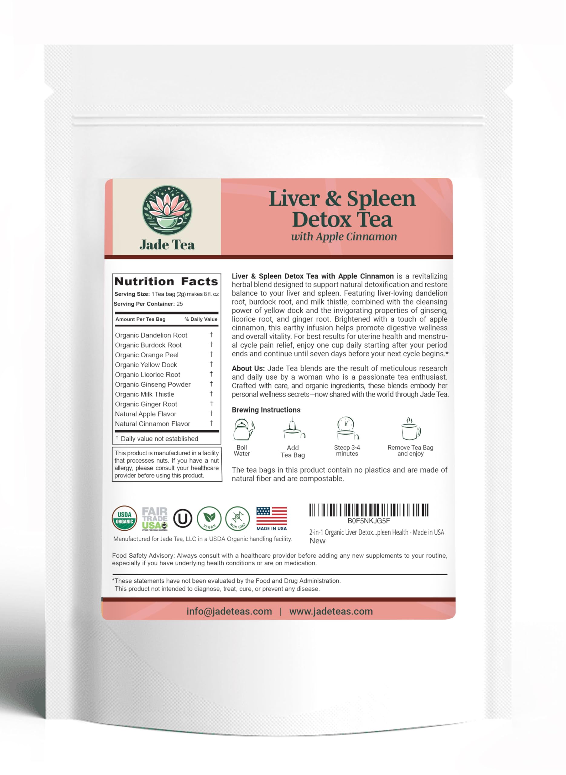 Jade Tea Organic Dandelion Root Tea For Liver Detox & Spleen Detox - Burdock Root, Ginger Root, & Orange Peel - Supports Liver, Gallbladder & Spleen Health - Apple Cinnamon Flavor