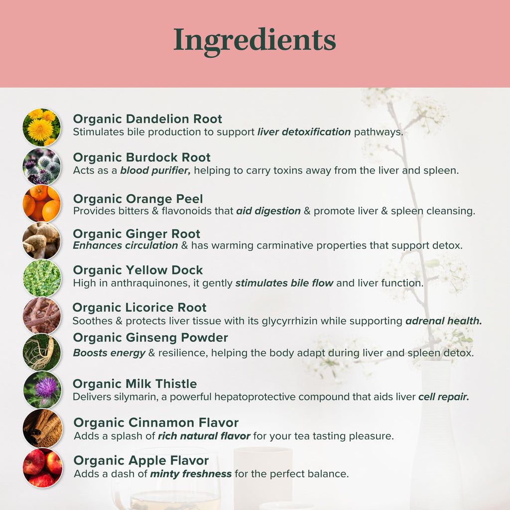 Jade Tea Organic Dandelion Root Tea For Liver Detox & Spleen Detox - Burdock Root, Ginger Root, & Orange Peel - Supports Liver, Gallbladder & Spleen Health - Apple Cinnamon Flavor