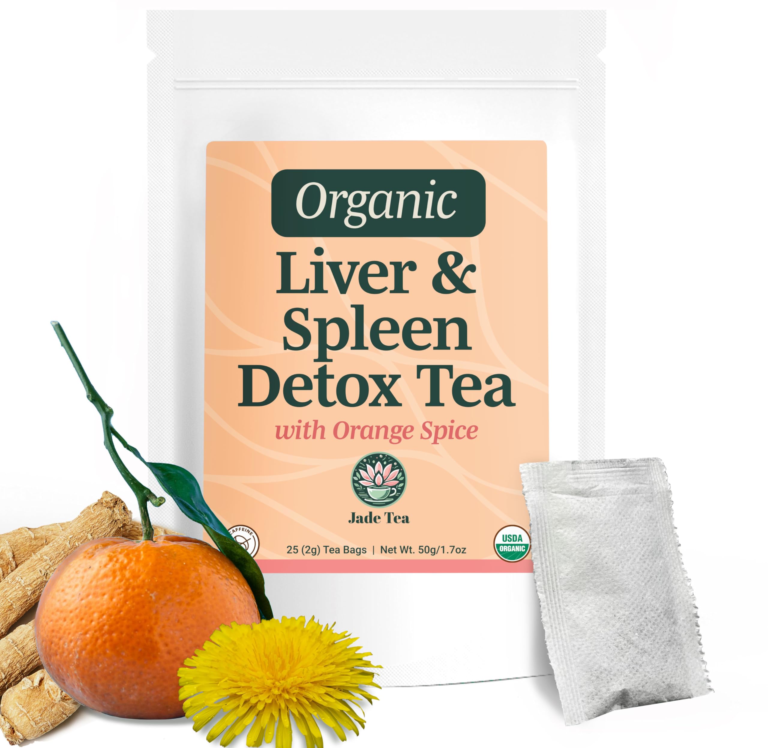 Jade Tea Organic Dandelion Root Tea For Liver Detox & Spleen Detox - Burdock Root, Ginger Root, & Orange Peel - Supports Liver, Gallbladder & Spleen Health - Apple Cinnamon Flavor