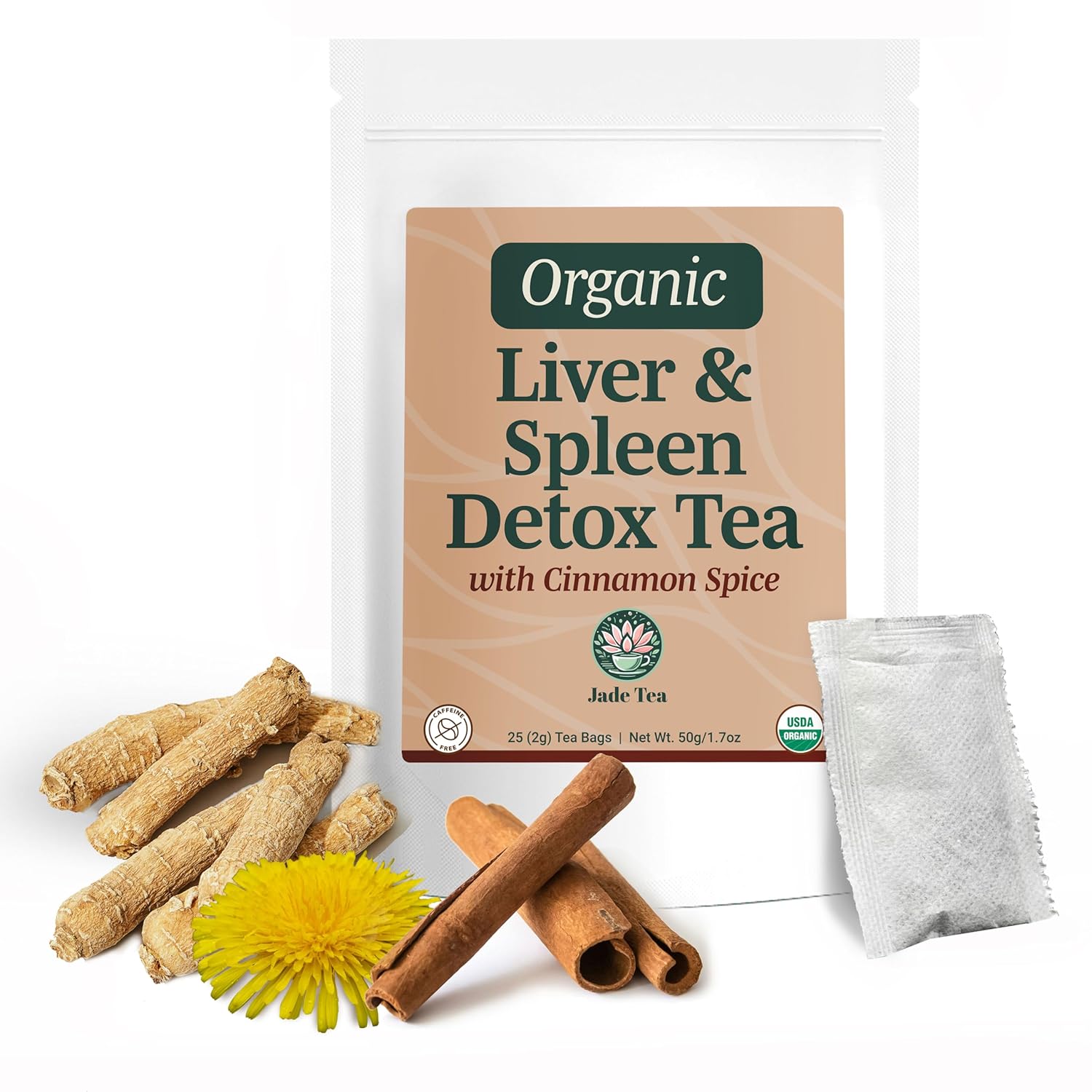 Jade Tea Organic Dandelion Root Tea For Liver Detox & Spleen Detox - Burdock Root, Ginger Root, & Orange Peel - Supports Liver, Gallbladder & Spleen Health - Apple Cinnamon Flavor