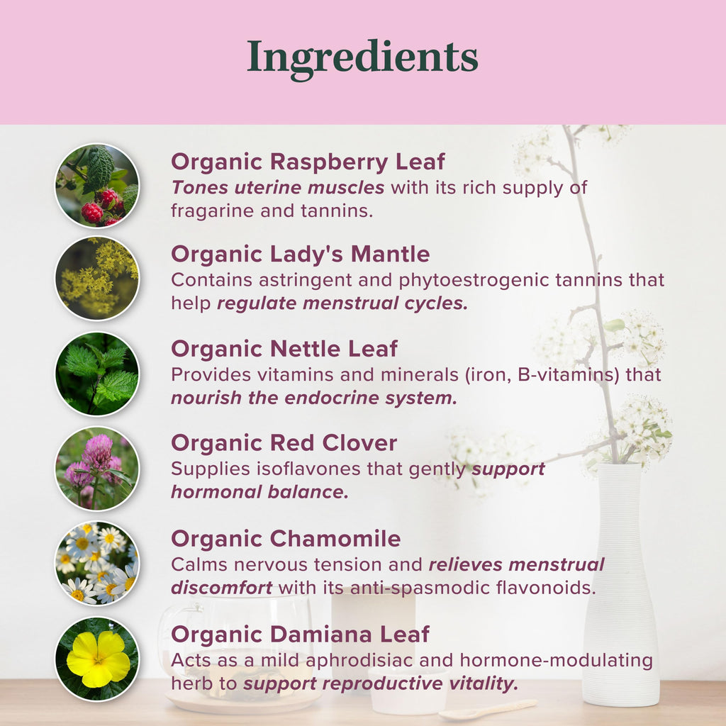 Organic Women's Fertility Tea - Red Raspberry Leaf, Lady’s Mantle, Red Clover, Chamomile, & Damiana Leaf, Hormone Balance Tea & Period Pain Relief, Made in USA, Fair Trade, & Sustainable