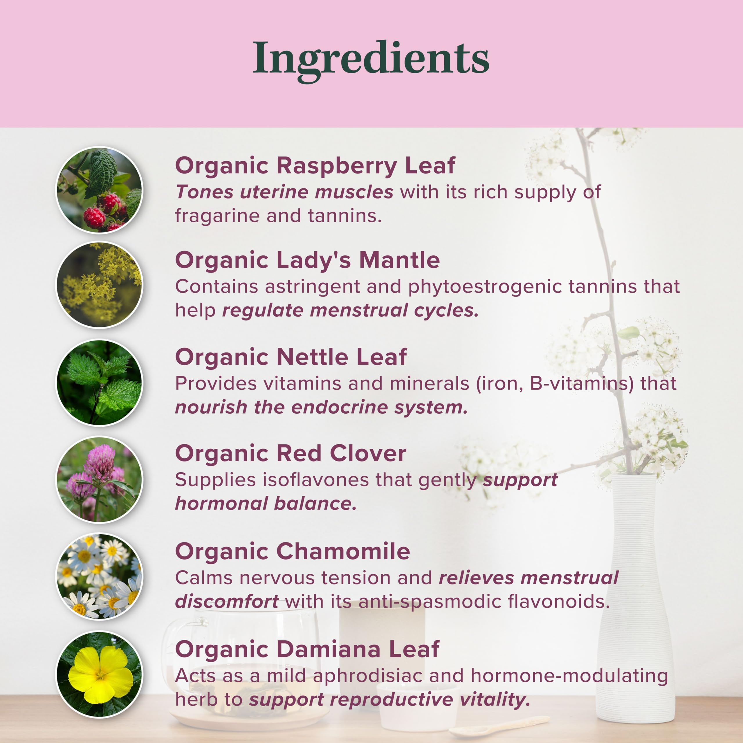 Organic Women's Fertility Tea - Red Raspberry Leaf, Lady’s Mantle, Red Clover, Chamomile, & Damiana Leaf, Hormone Balance Tea & Period Pain Relief, Made in USA, Fair Trade, & Sustainable