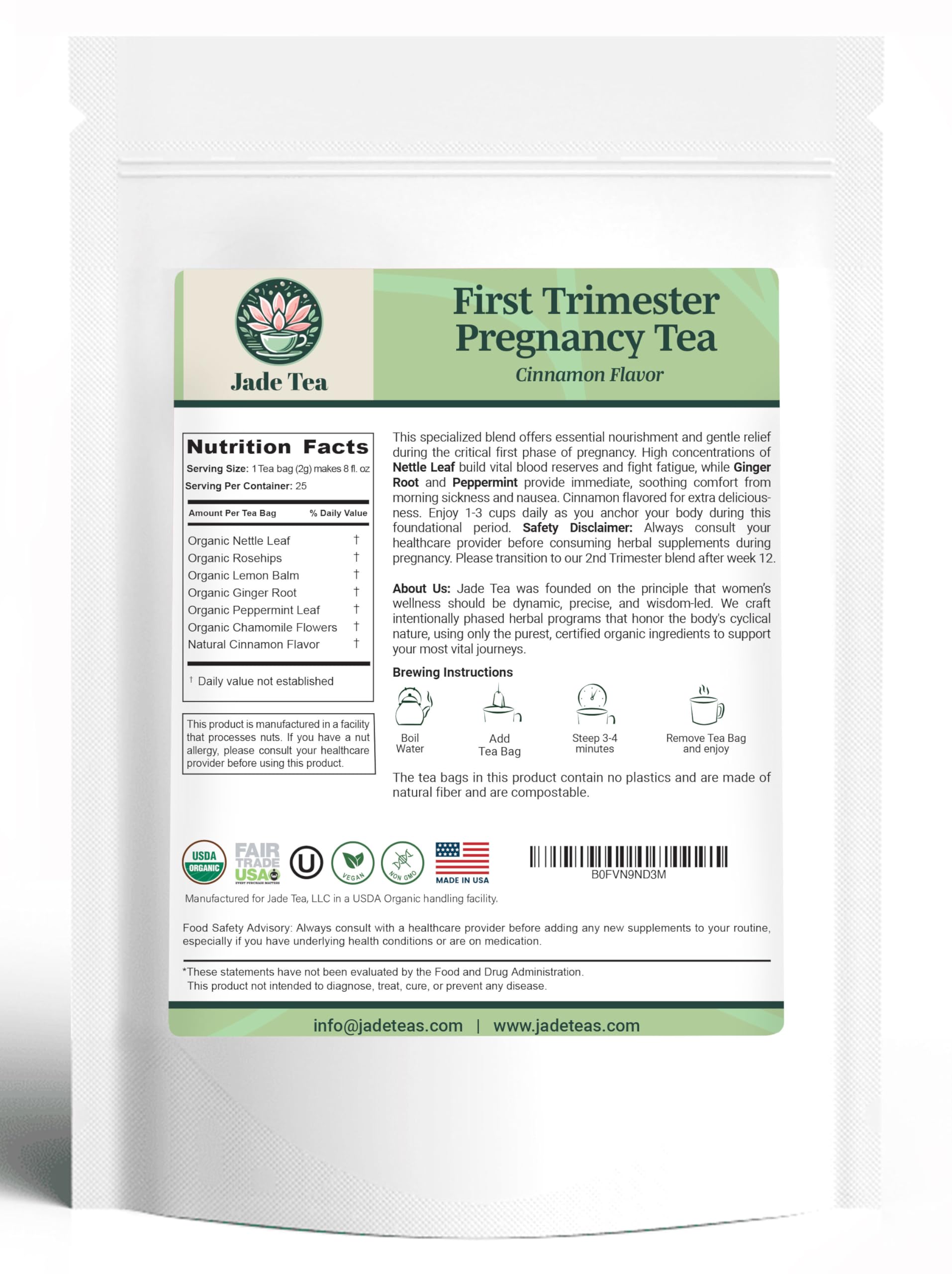 Jade Tea - Organic First Trimester Tea - Nurturing Pregnancy Tea | First Bloom | Gentle Morning Sickness Relief & Foundational Prenatal Nutrition | Caffeine-Free | Made In USA