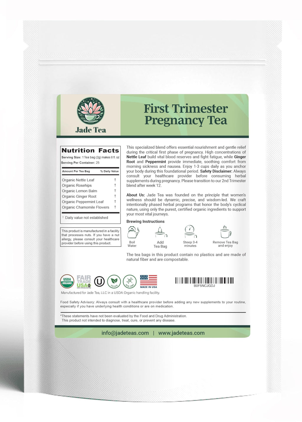 Jade Tea - Organic First Trimester Tea - Nurturing Pregnancy Tea | First Bloom | Gentle Morning Sickness Relief & Foundational Prenatal Nutrition | Caffeine-Free | Made In USA